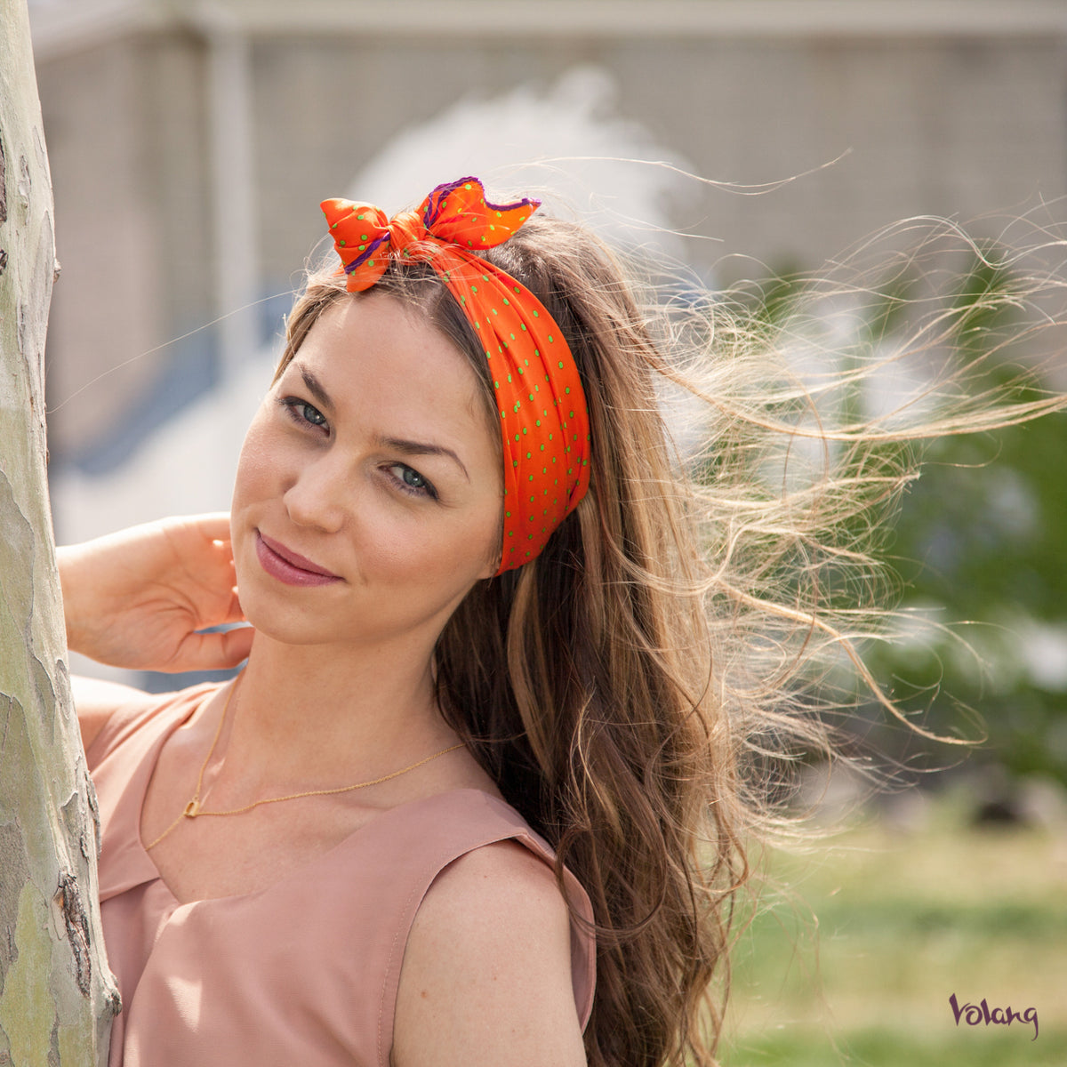 Silk Fabric Headband Bandana Scarf in Orange with polka dots