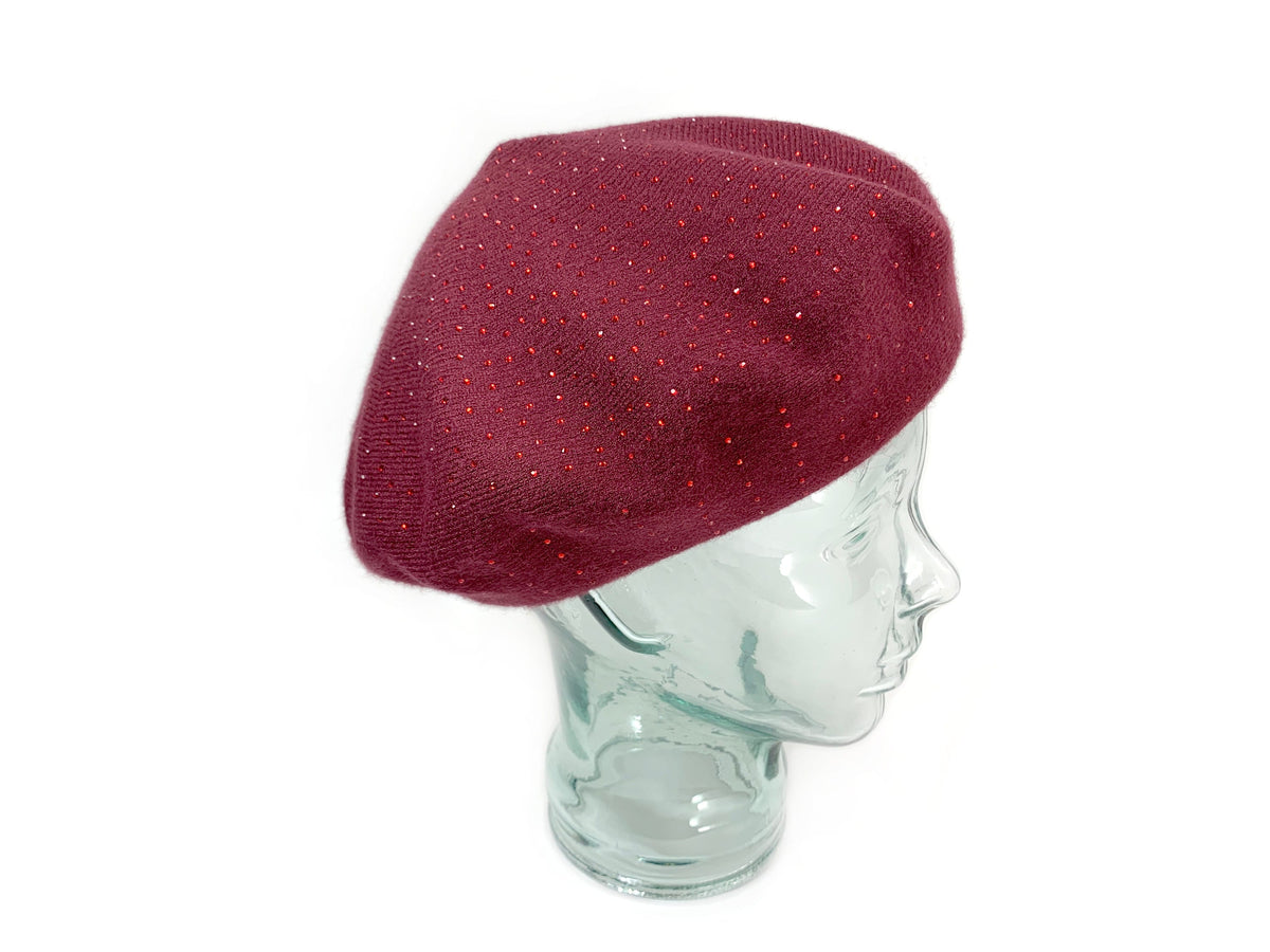 Burgundy knit Beret, Cashmere Blend beret with Sparkle, Reversible