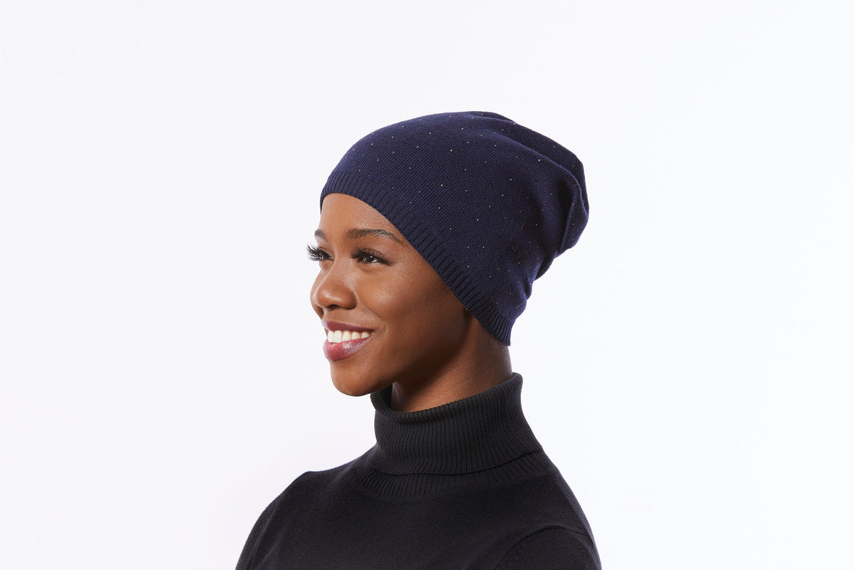 Navy Beanie Hat, Slouchy Winter Hat, Navy Knit Hat with sparkles