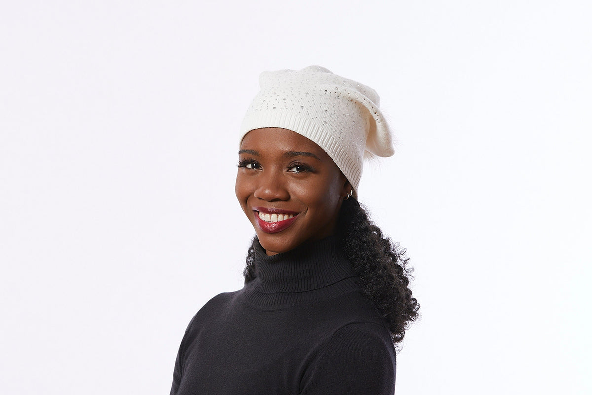 Cream Beanie Hat with Crystals, Slouchy Winter Hat, Cream  display picture 1