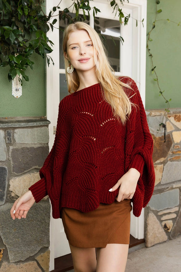 Ribbed Knit Pattern Poncho with Sleeves in Burgundy