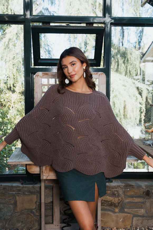 Ribbed Knit Pattern Poncho with Sleeves in Mocha