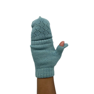 Knitted Fingerless Flip Cover Gloves Fur Lined in Light Blue