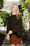 Ribbed Knit Pattern Poncho with Sleeves in Khaki Green