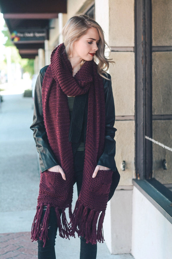 Oversized Two Pocket Tassel Scarf in Burgundy