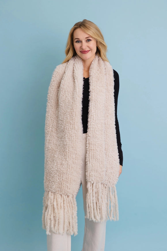 Ultra Soft Boucle Fringe Blanket Scarf in Ecru