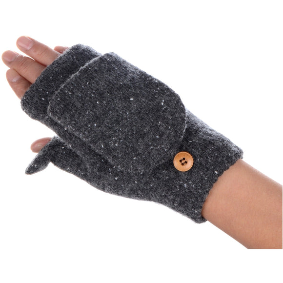 Fingerless Flip Tweed Gloves Fur Lined in Dark Grey