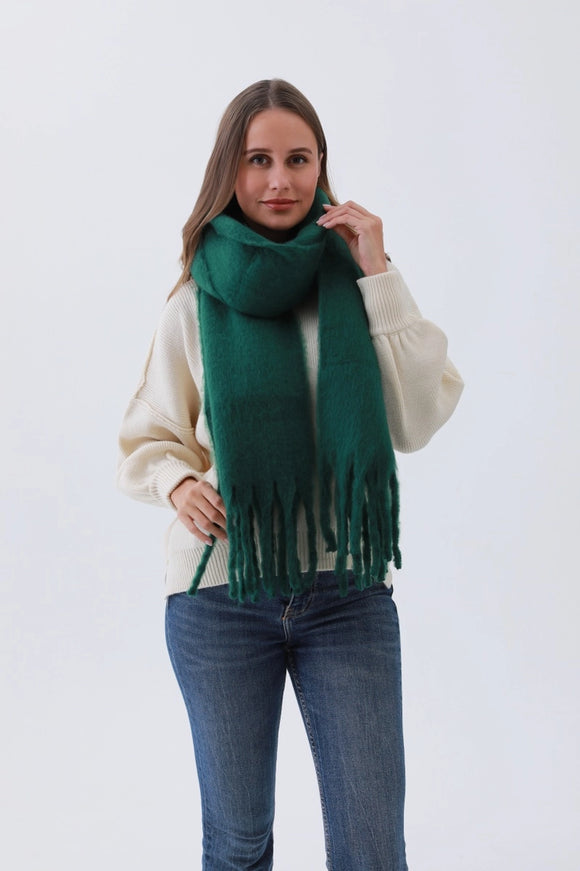 Cozy Knit Soild Scarf with Tassels in Green
