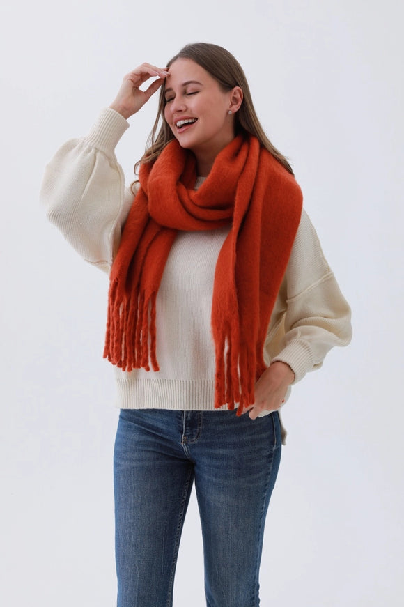 Cozy Knit Soild Scarf with Tassels in Rust