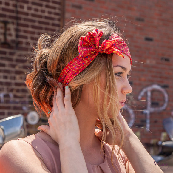 Silk Headband in Coral with Flowers