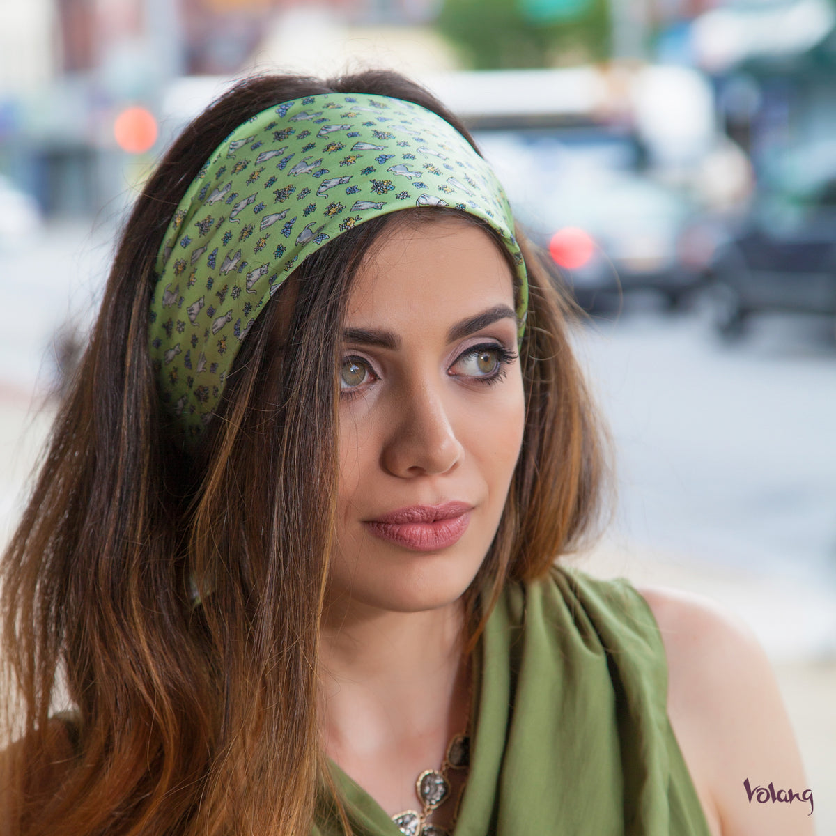Silk Fabric Headband Bandana Scarf in Green with Cats | volang ...