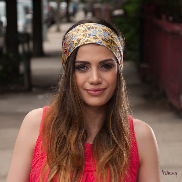 Silk Headband in Yellow with Floral Pattern