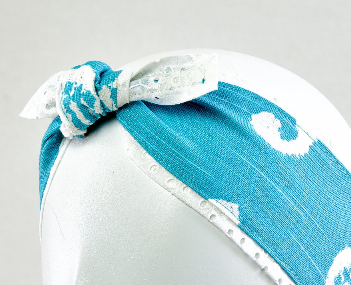 Light Blue Headband with Lace, Beach Headband, 50s Style 