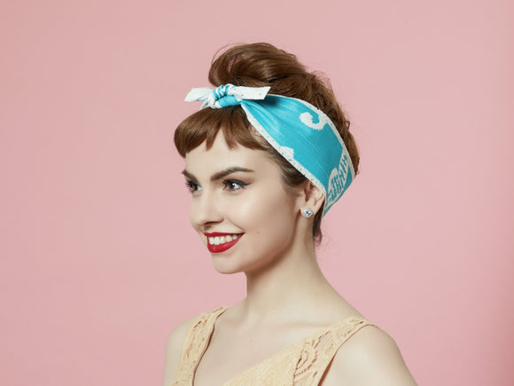 Light Blue Headband with Lace, Beach Headband, 50s Style Pinup Girl Head wrap, 100% Cotton Reversible Headband