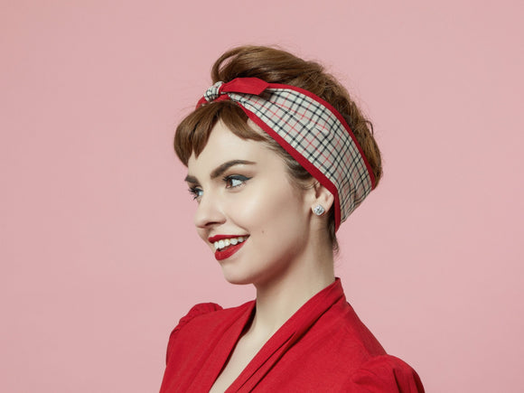 Plaid Headband with Red, Rockabilly Headband Plaid, 50s Style Pinup Girl Head wrap, 100% Cotton Reversible Headband
