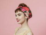 Red Floral Headband, Rockabilly Headband, 50s Style Pinup Girl Head wrap, Reversible Headband with Flowers