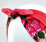 Red Floral Headband, Rockabilly Headband, 50s Style Pinup Girl Head wrap, Reversible Headband with Flowers