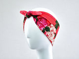 Red Floral Headband, Rockabilly Headband, 50s Style Pinup Girl Head wrap, Reversible Headband with Flowers