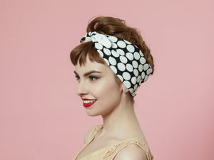Black and White Polka dots Headband, 50s Pin-up Girl Headband, Rockabilly Headband with Bow, Reversible Headband