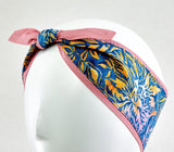 Flower Print Headband, 100% Cotton Reversible Headband, Floral Retro Headband Blue Pink, 1950s Style Pin-up Girl Head wrap,