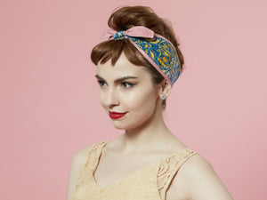 Flower Print Headband, 100% Cotton Reversible Headband, Floral Retro Headband Blue Pink, 1950s Style Pin-up Girl Head wrap,