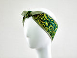 Green Floral Headband, Retro Bow Headband, 50s Style Pinup Girl Head scarf, 100% Cotton Reversible Headband, Gift for Her