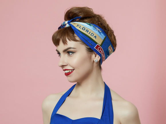 Blue Headband with State Names-travelers gift, Rockabilly Headband, 50s Style Pin-up Girl HeadScarf, Summer Headband 100% Cotton