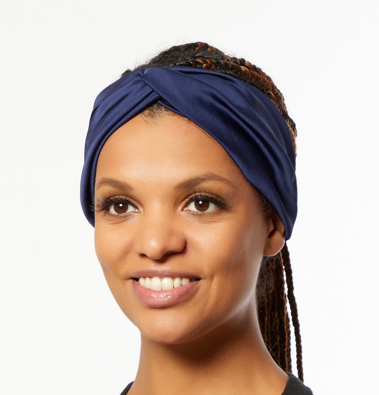 Elegant Navy Satin Headwrap Turban for Women Silk Satin Headband, Turban Head Wrap, Navy Blue Headband  main image 3