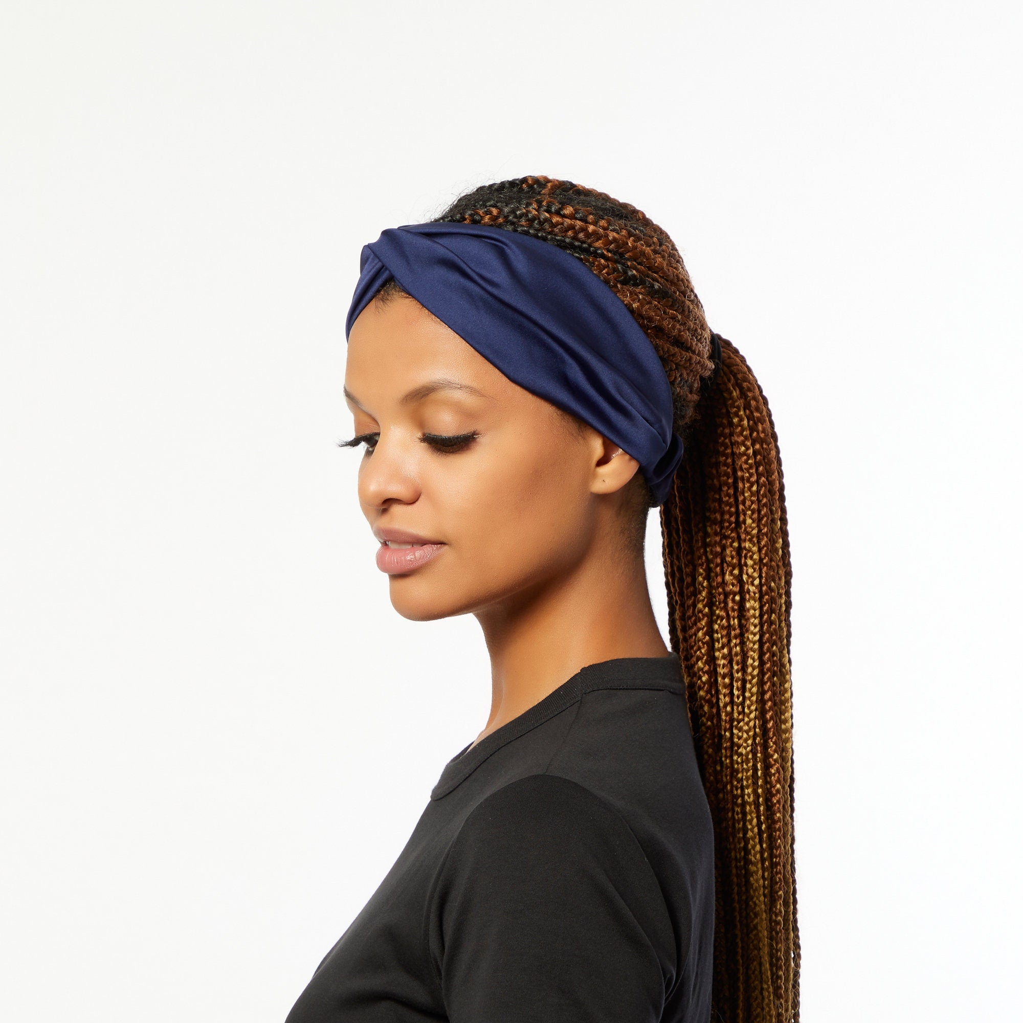 Silk-Look Satin Turban Headwrap in Light Blue and Navy 100% Mulberry Silk 36 main image 3