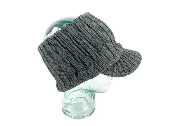 Grey knit Visor Cap, Unisex hat with visor, messy bun hat For winter, ponytail hat in gray, Hat with slogan, Mens Winter visor cap