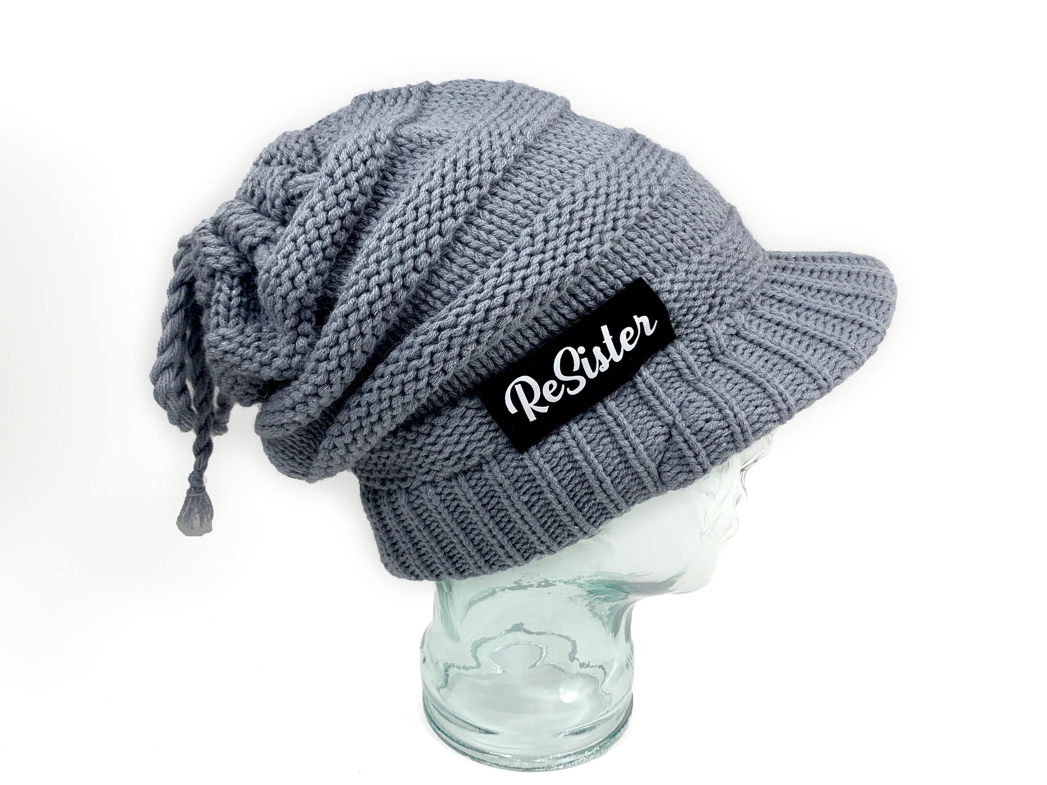 Gray knit Visor Hat, Slouchy hat with visor, messy bun dreadlocks