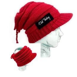 Red knit Visor Hat, Slouchy hat with visor, messy bun dreadlocks hat For winter, ponytail hat in Red, Choose slogan patches