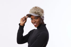 Grey knit Visor Hat, Cap with Fur, messy bun dreadlocks hat For winter, ponytail hat Grey, Hat with slogan