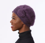 Purple knit Beret, angora Wool Blend beret, Purple Winter Beret, Purple hat with Flower