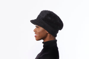 Black knit Cap, angora Wool Blend Hat, Black Winter Cap, Black Newsboy hat with Bill