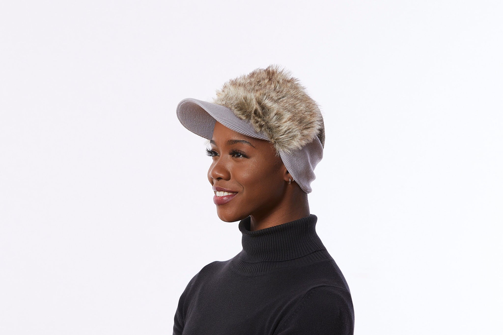 DPC Women\'s Gray Fur Hat Ladies Silver Fox Fur & Black Leather Russian Military Hat  main image 3