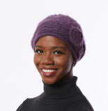 Purple knit Beret, angora Wool Blend beret, Purple Winter Beret, Purple hat with Flower