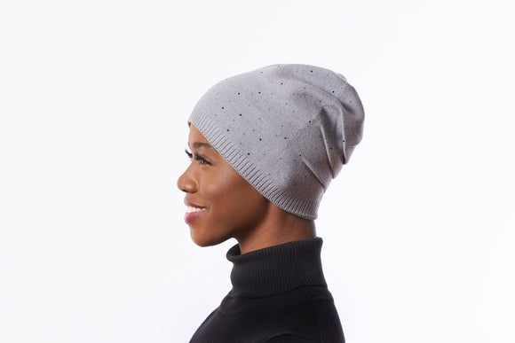 Gray Beanie Hat with Crystals, Slouchy Winter Hat, Grey Warm Hat, Slouchy Knit Beanie Hat, Knit Wool Hat, Grey hat for winter