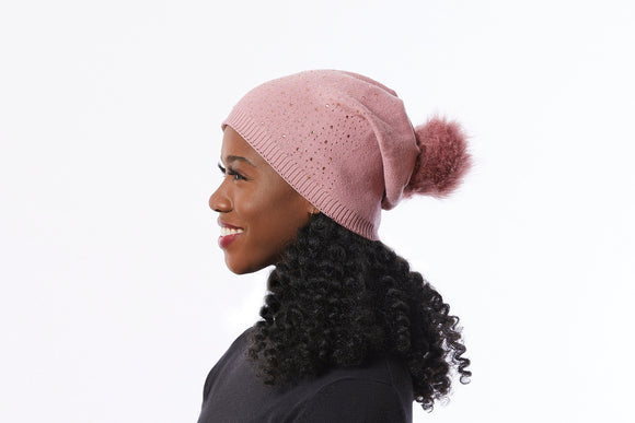Pink Pompom hat, Slouchy Winter Hat, Pink Knit Hat with sparkles, Slouchy Knit Beanie Hat, Knit Wool Hat Pink