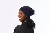 Navy Beanie Hat, Navy Blue Pompom Hat, Navy Knit Hat with sparkles, Slouchy Knit Beanie Hat, Knit Wool Hat Blue