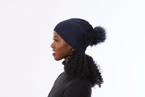 Navy Beanie Hat, Navy Blue Pompom Hat, Navy Knit Hat with sparkles, Slouchy Knit Beanie Hat, Knit Wool Hat Blue