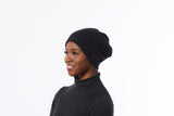 Cashmere Blend hat in Black, Beanie Hat with Flower, Slouchy Winter Hat, Black Knit Hat