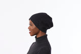 Cashmere Blend hat in Black, Beanie Hat with Flower, Slouchy Winter Hat, Black Knit Hat