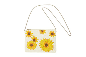 White Beaded Clutch with Yellow Sunflowers, Dressy Purse Clutch, Cream handbag with Flowers, Cocktail Bag, Summer Party Clutch