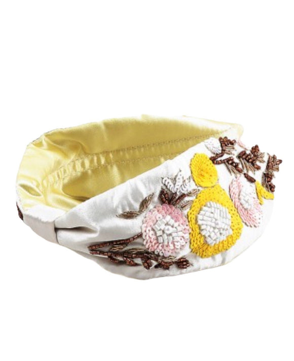 Cream Beaded Silk Headband, White Headband with sequins, Thick padded headband, Dressy floral Headwear, Fancy Summer Headband
