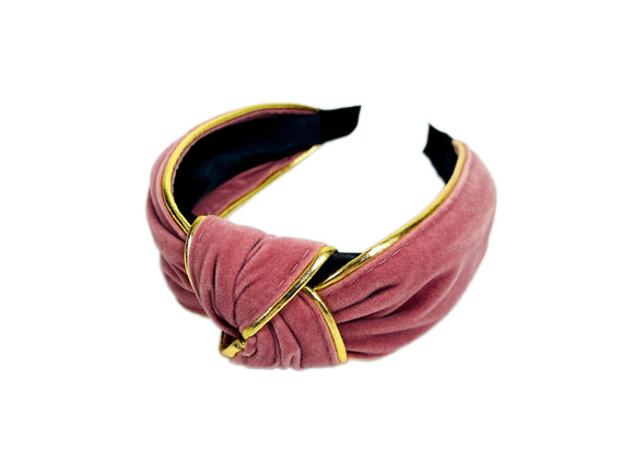 Pink Velvet Headband with Gold Trim, Fabric Headband for Women, Pink Hair Band, Thick padded headband, Dressy Turban Headband