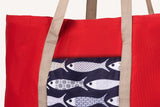 Red Fabric Tote with Fishes, Beach Tote Bag with towel Holder, Spring Summer Large Tote, Red Blue Canvas Bag