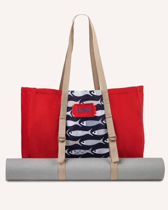 Red Fabric Tote with Fishes, Beach Tote Bag with towel Holder, Spring Summer Large Tote, Red Blue Canvas Bag