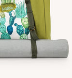 Green Fabric Tote with Cactuses, Large Tote Yoga Pilates Mat Carrier, Big Canvas Bag with Pocket