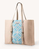 Beige Fabric Tote with Blue Ornaments, Large Tote Yoga Pilates Mat Carrier, Big Canvas Bag with Pocket, Neutral Beach tote